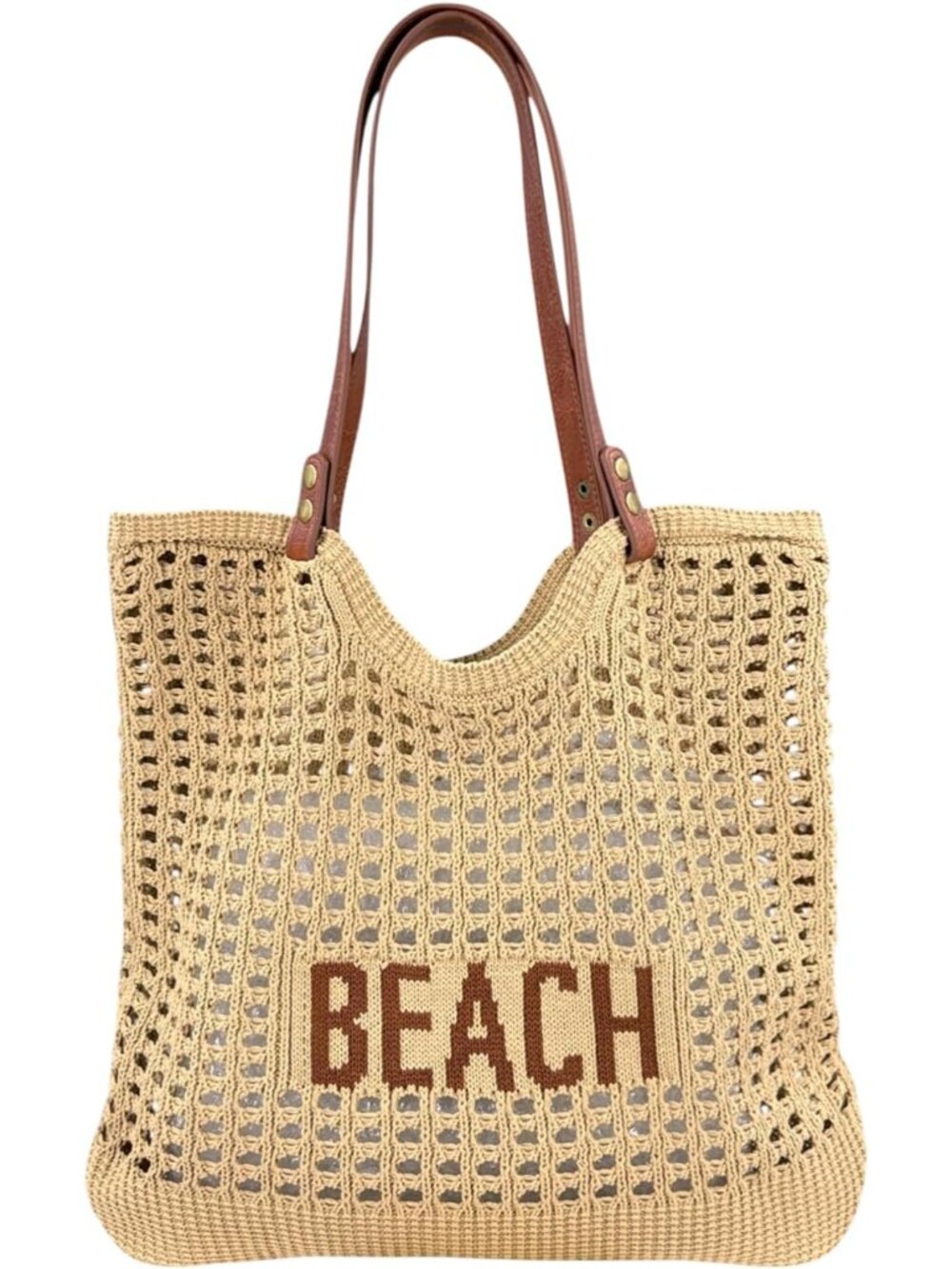 Women's Woven Beach Tote Purse - Cream/Light Brown Crochet Bag with Faux Leather